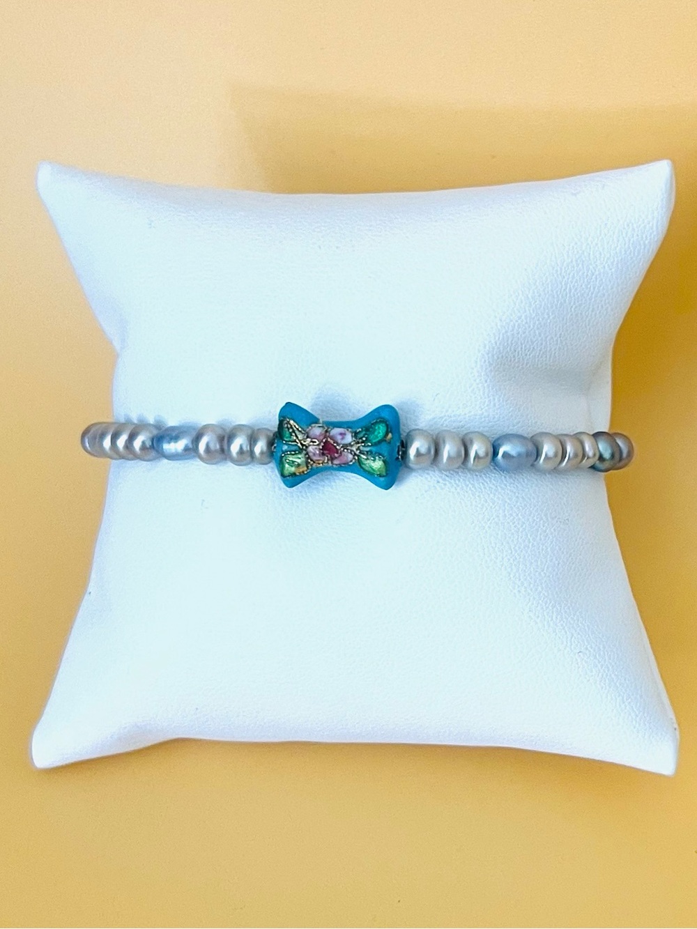 Rice pearl bracelet with light blue Cloisonne bow enamel silver plated toggle